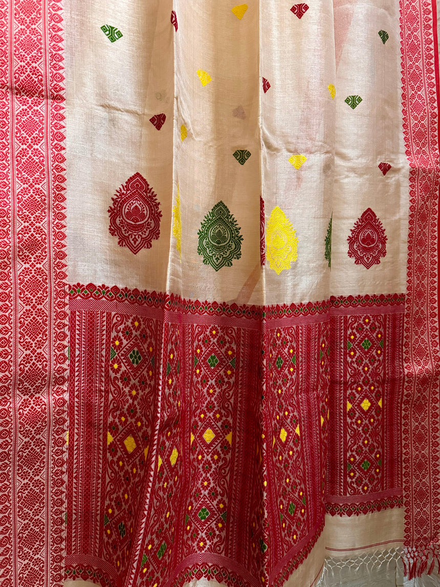 Muga with red border tussar silk handloom jamdani saree - Tamal Boutique