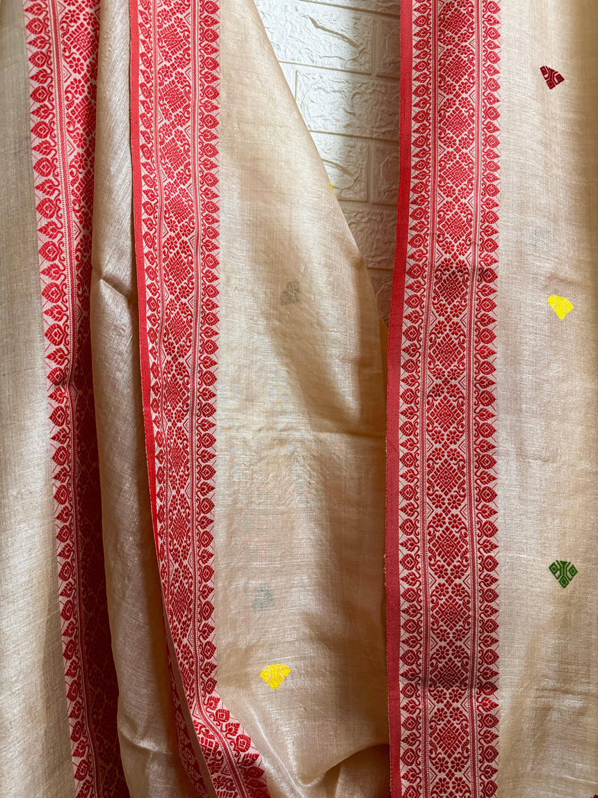Muga with red border tussar silk handloom jamdani saree - Tamal Boutique