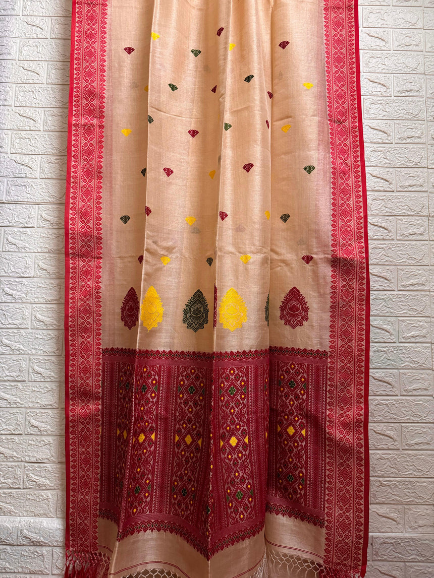 Muga with red border tussar silk handloom jamdani saree - Tamal Boutique