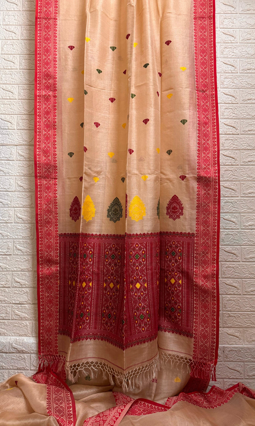Muga with red border tussar silk handloom jamdani saree - Tamal Boutique