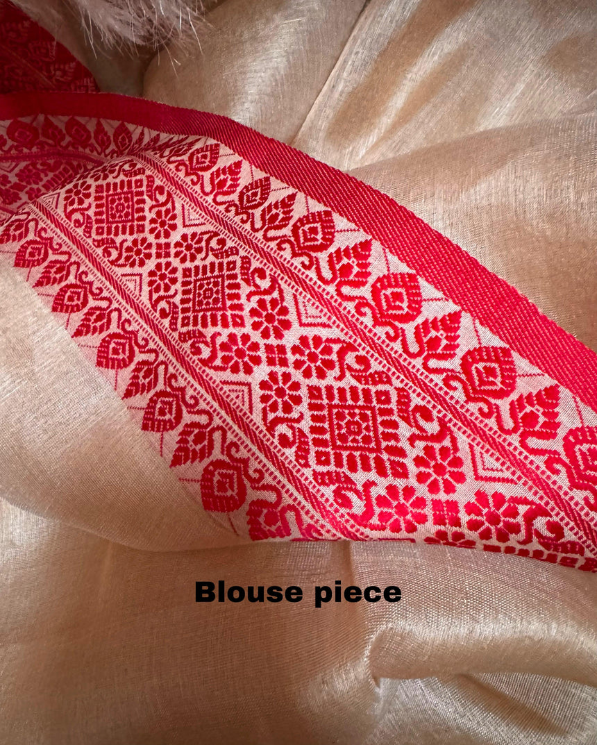 Muga with red border tussar silk handloom jamdani saree - Tamal Boutique