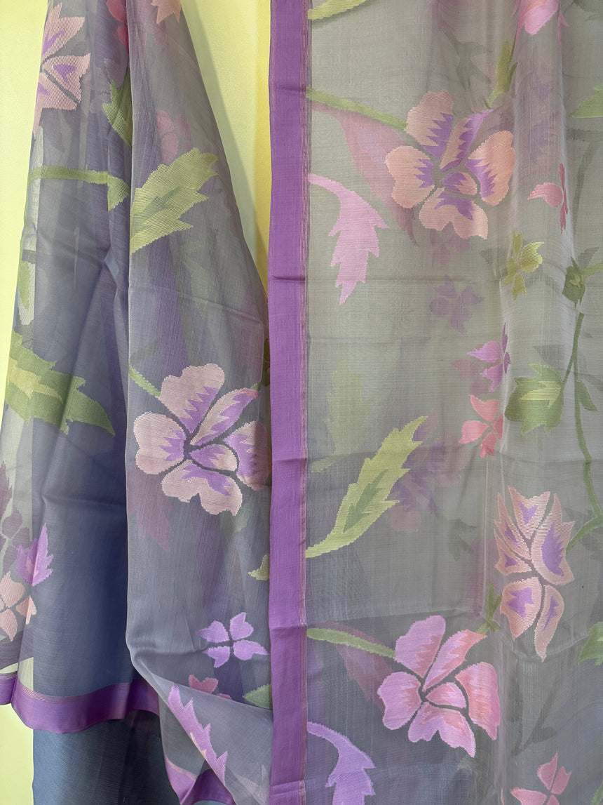 Grey with purple border allover muslin silk handwoven jamdani saree - Tamal Boutique