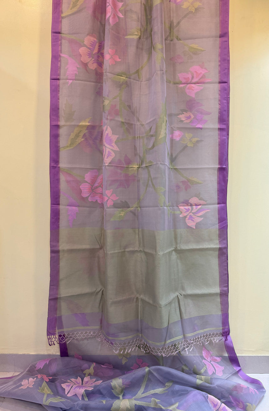Grey with purple border allover muslin silk handwoven jamdani saree - Tamal Boutique