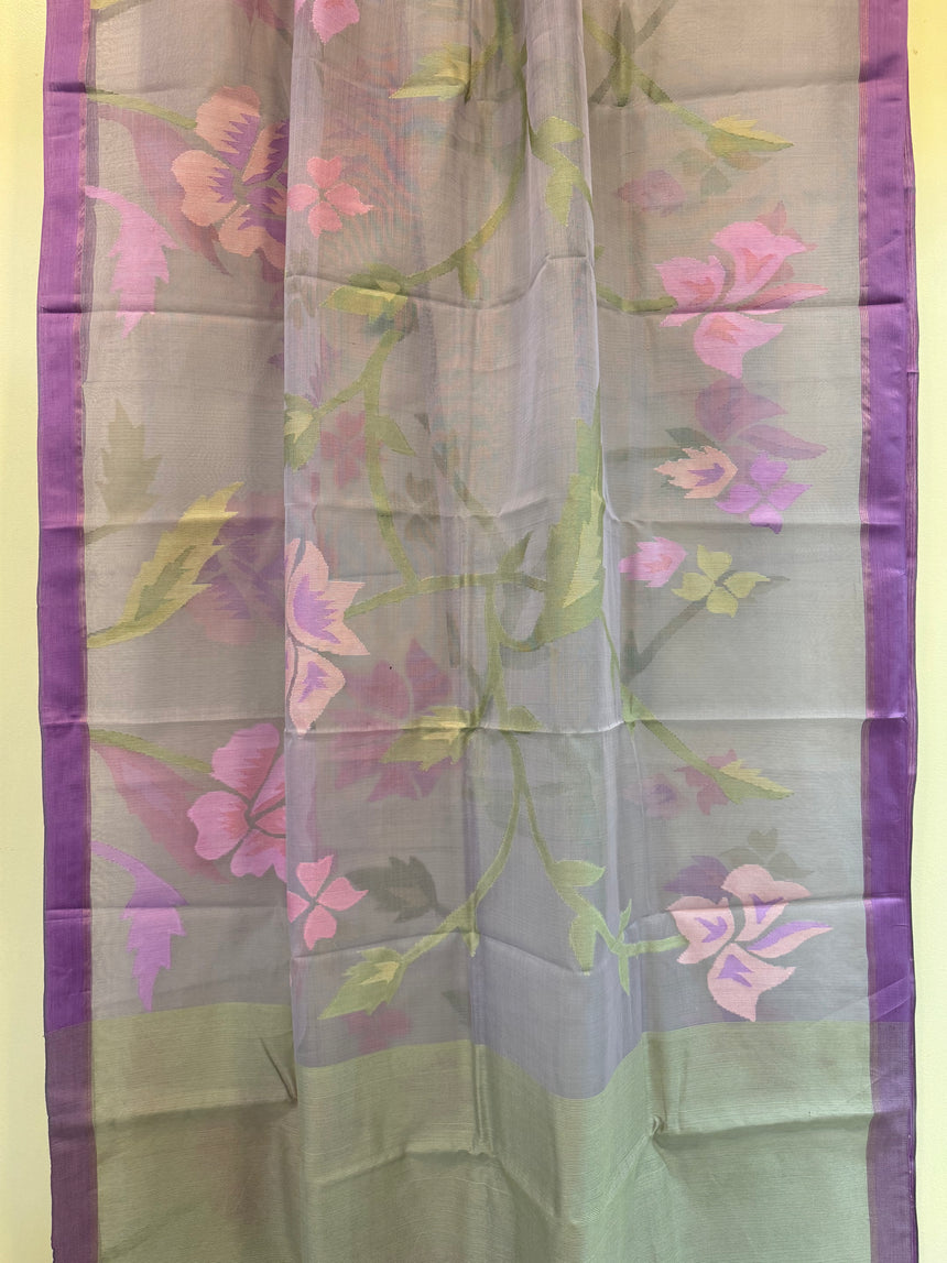 Grey with purple border allover muslin silk handwoven jamdani saree - Tamal Boutique