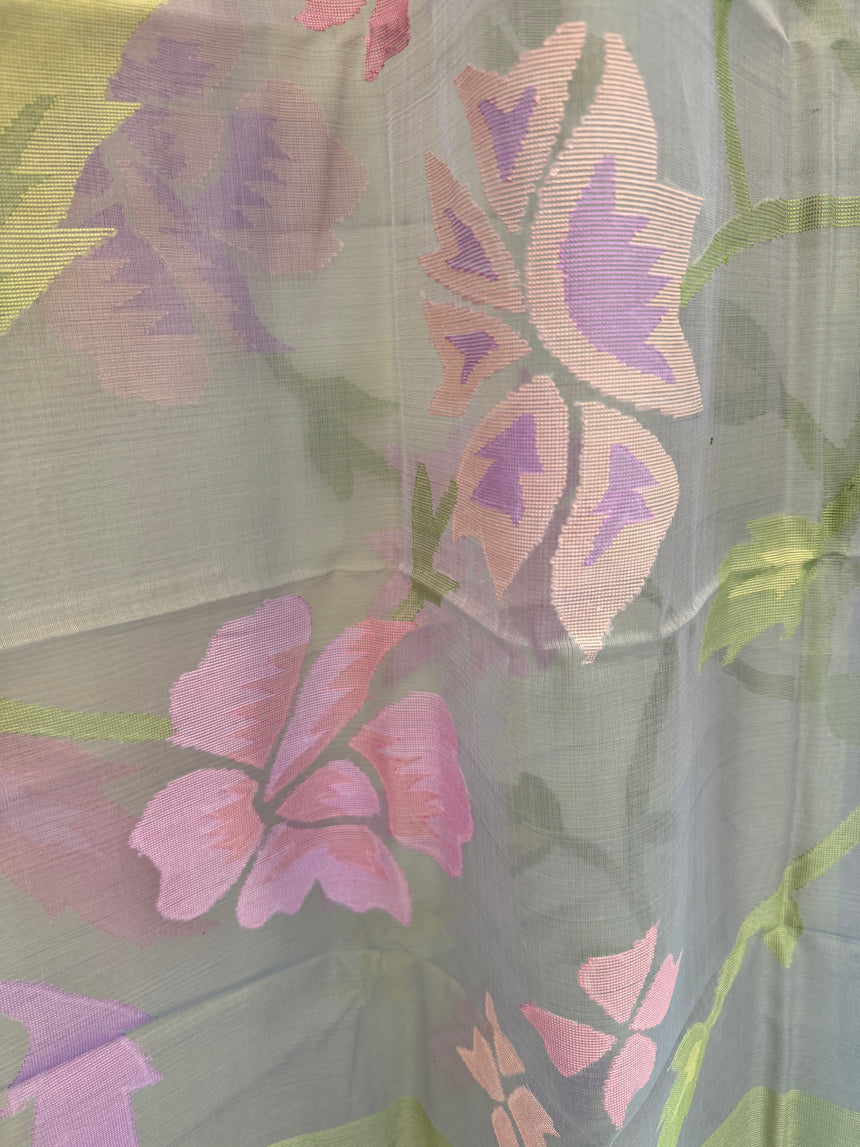 Grey with purple border allover muslin silk handwoven jamdani saree - Tamal Boutique