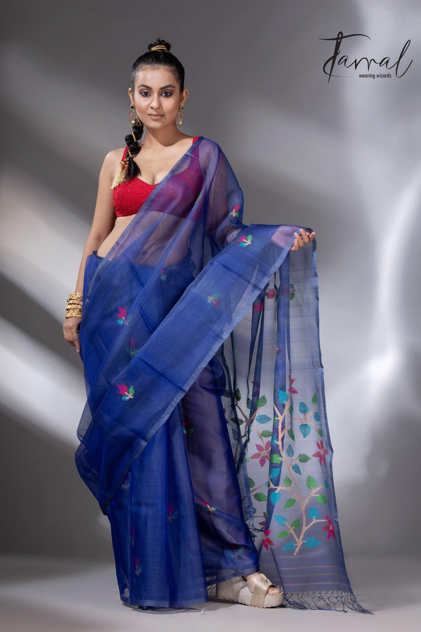 Indigo Floral Grace muslin silk handwoven jamdani saree