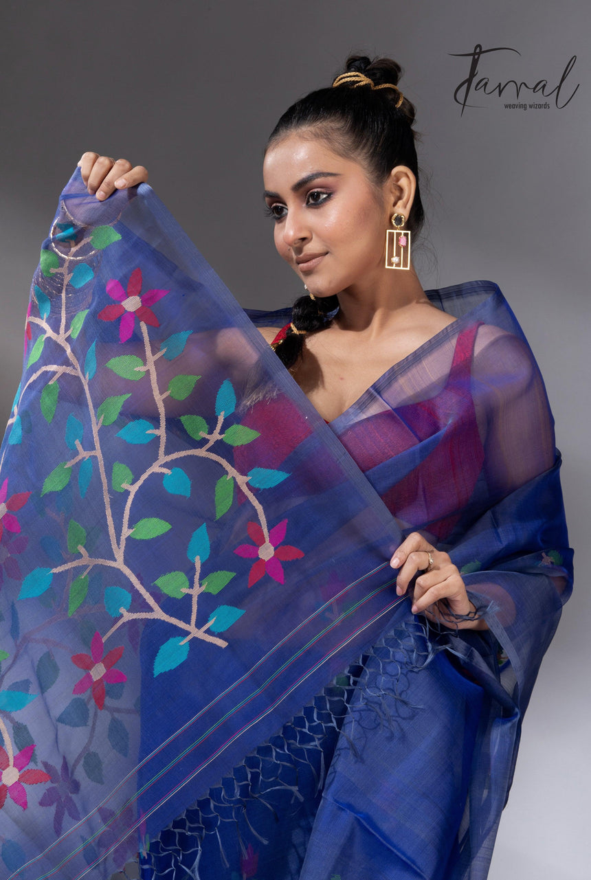 Indigo Floral Grace muslin silk handwoven jamdani saree1