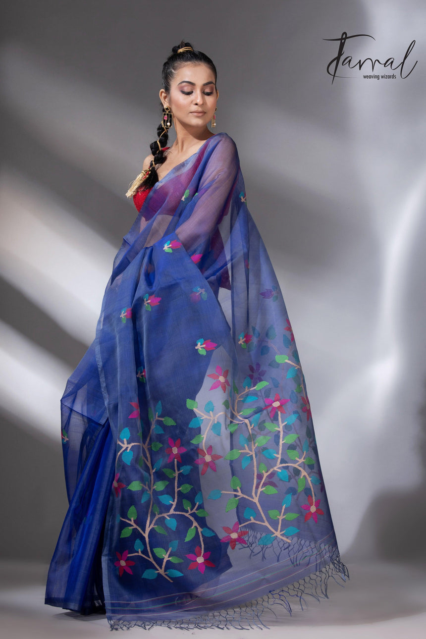 Indigo Floral Grace muslin silk handwoven jamdani saree2