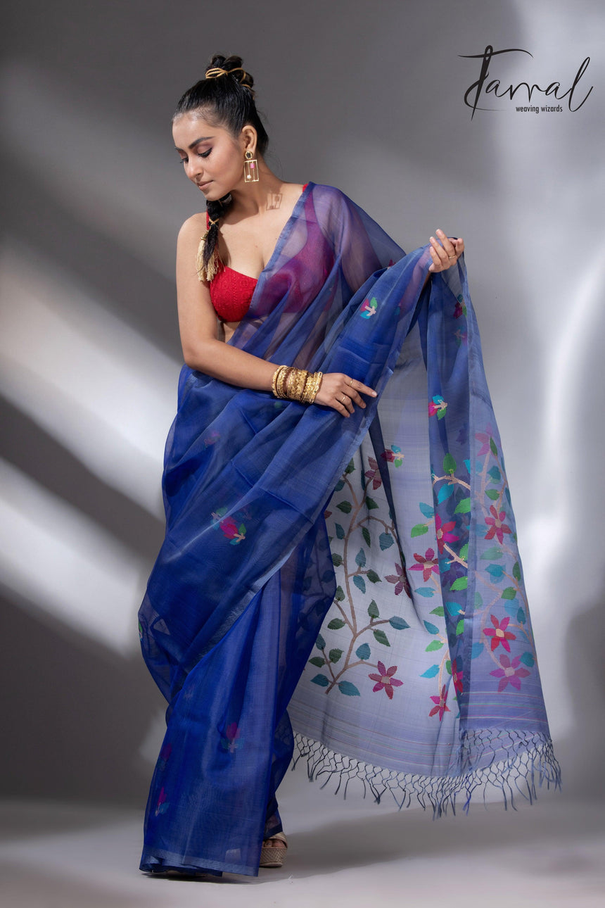 Indigo Floral Grace muslin silk handwoven jamdani saree3