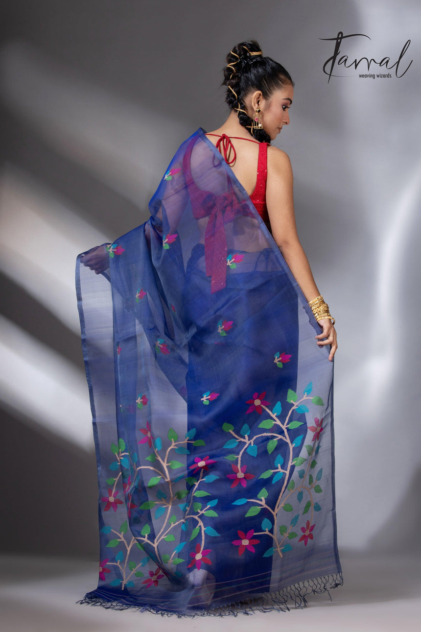 Indigo Floral Grace muslin silk handwoven jamdani saree back