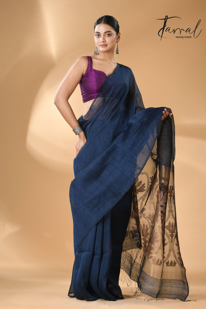 Indigo Silk Linen Handwoven Jamdani Saree with Golden Zari
