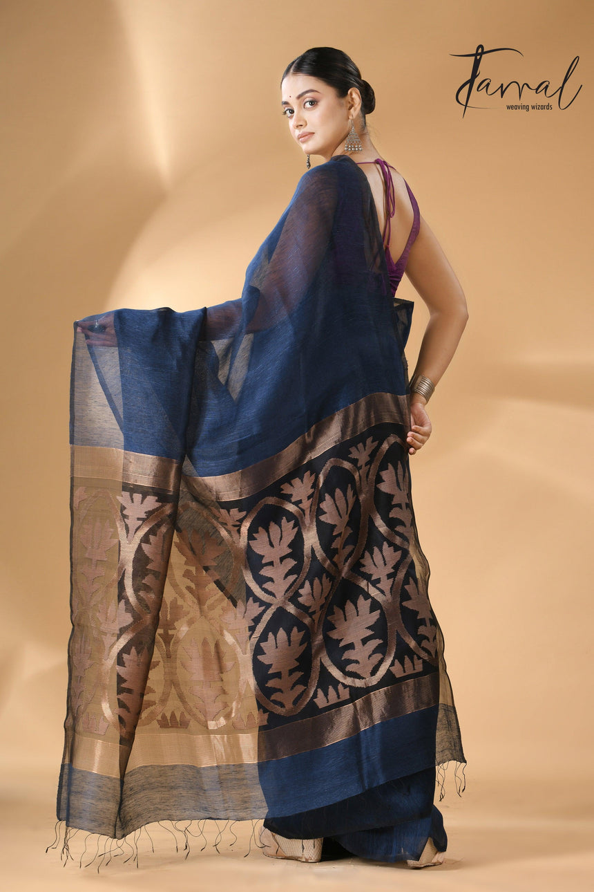 Indigo Silk Linen Handwoven Jamdani Saree with Golden Zari back