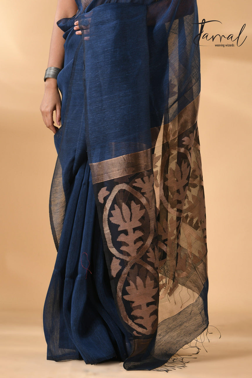 Indigo Silk Linen Handwoven Jamdani Saree with Golden Zari bottom