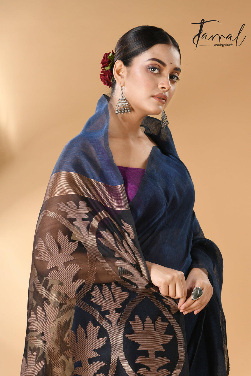 Indigo Silk Linen Handwoven Jamdani Saree with Golden Zari cls