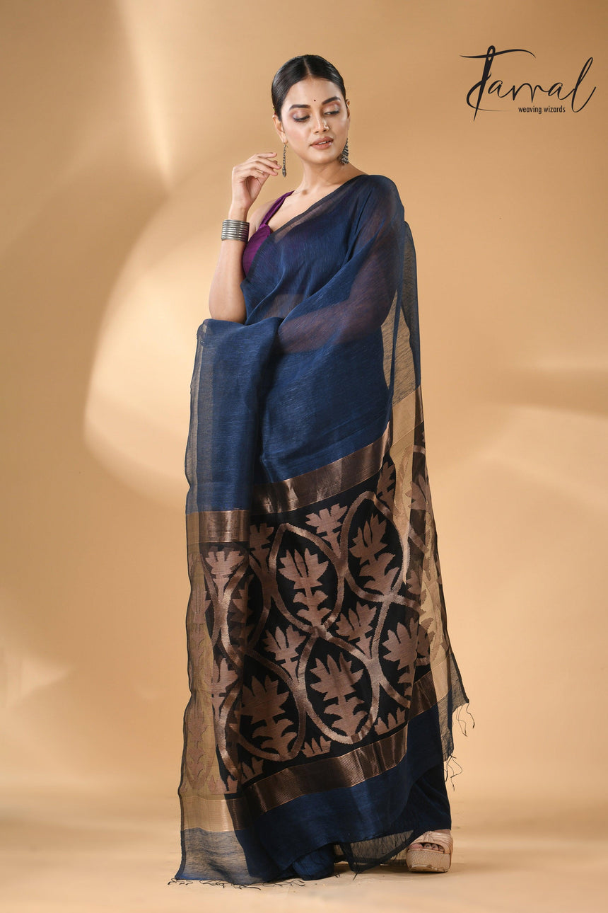 Indigo Silk Linen Handwoven Jamdani Saree with Golden Zari full