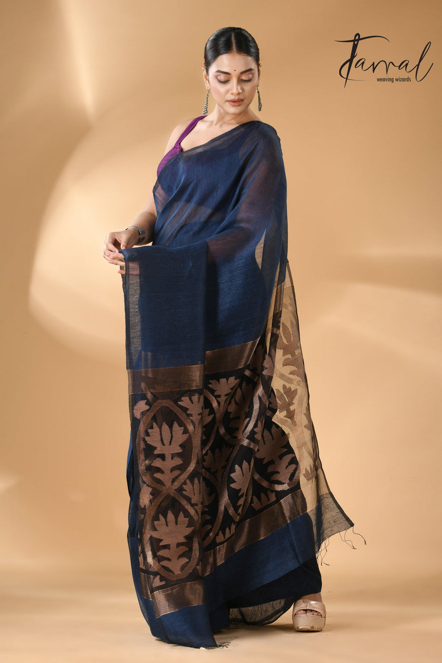 Indigo Silk Linen Handwoven Jamdani Saree with Golden Zari full2