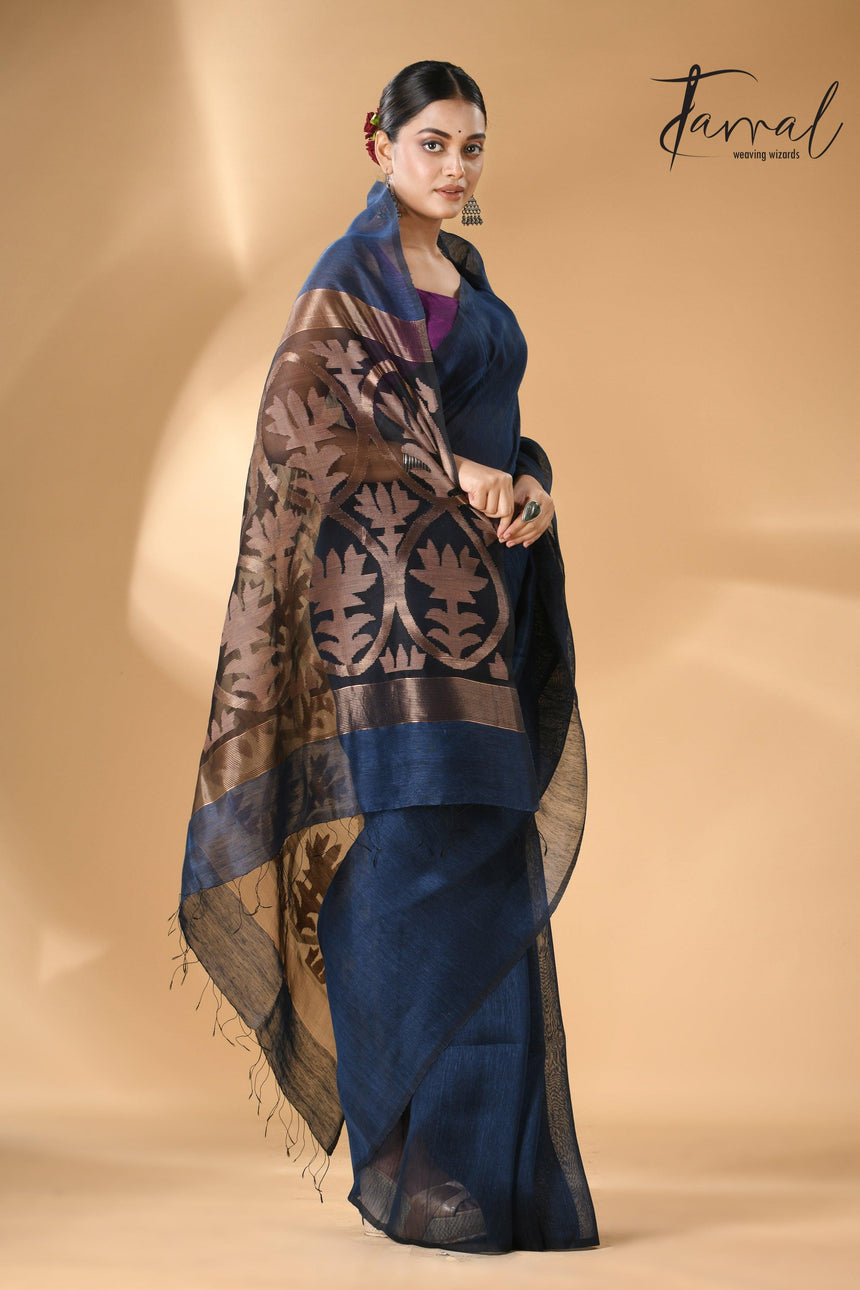 Indigo Silk Linen Handwoven Jamdani Saree with Golden Zari full3