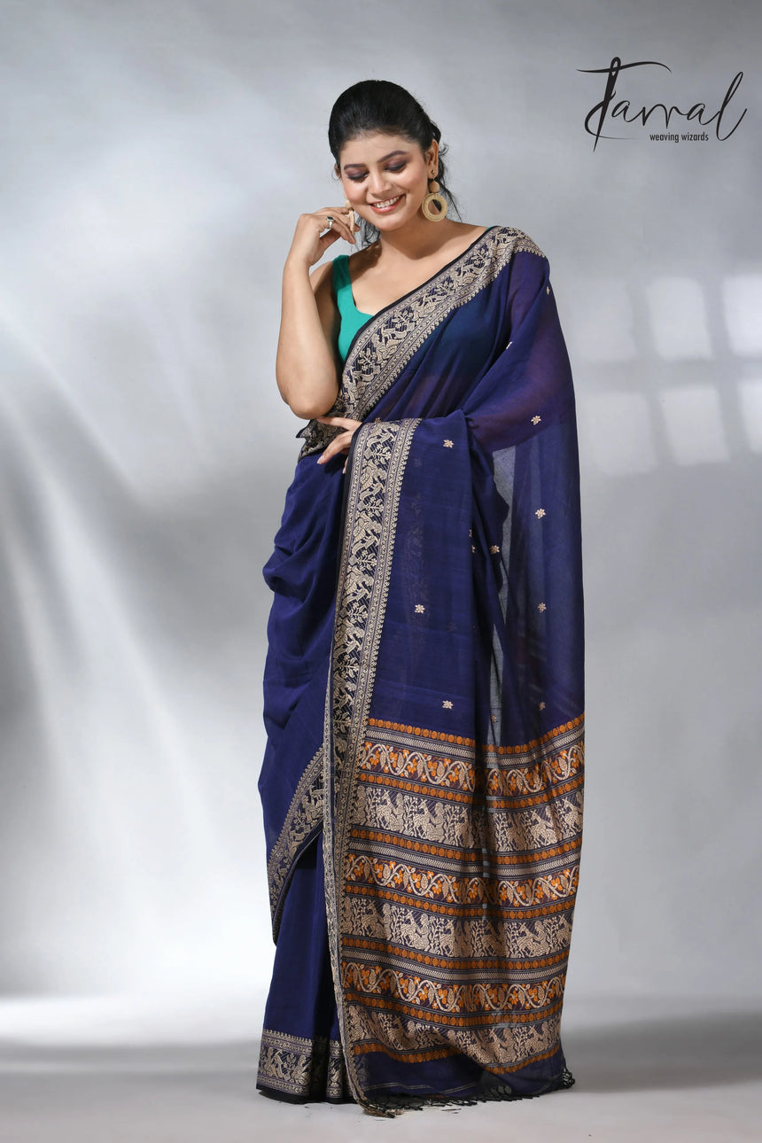 Indigo blue colour pure cotton baluchuri design handloom saree