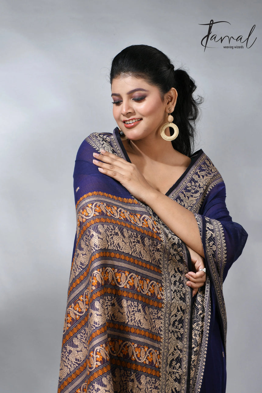Indigo blue colour pure cotton baluchuri design handloom saree