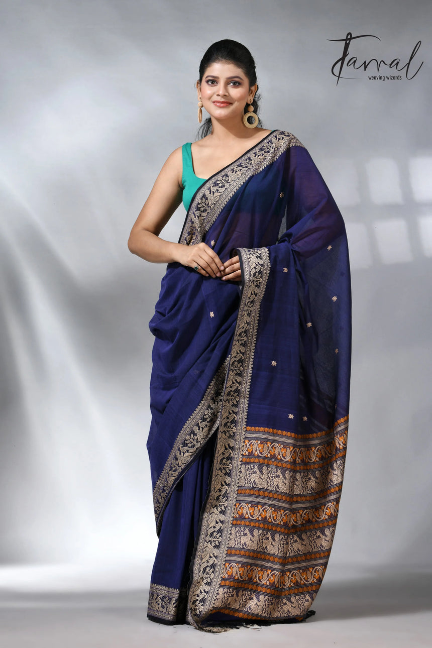 Indigo blue colour pure cotton baluchuri design handloom saree