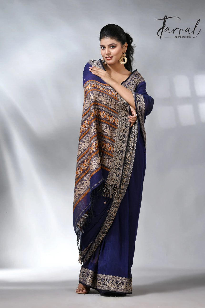 Indigo blue colour pure cotton baluchuri design handloom saree