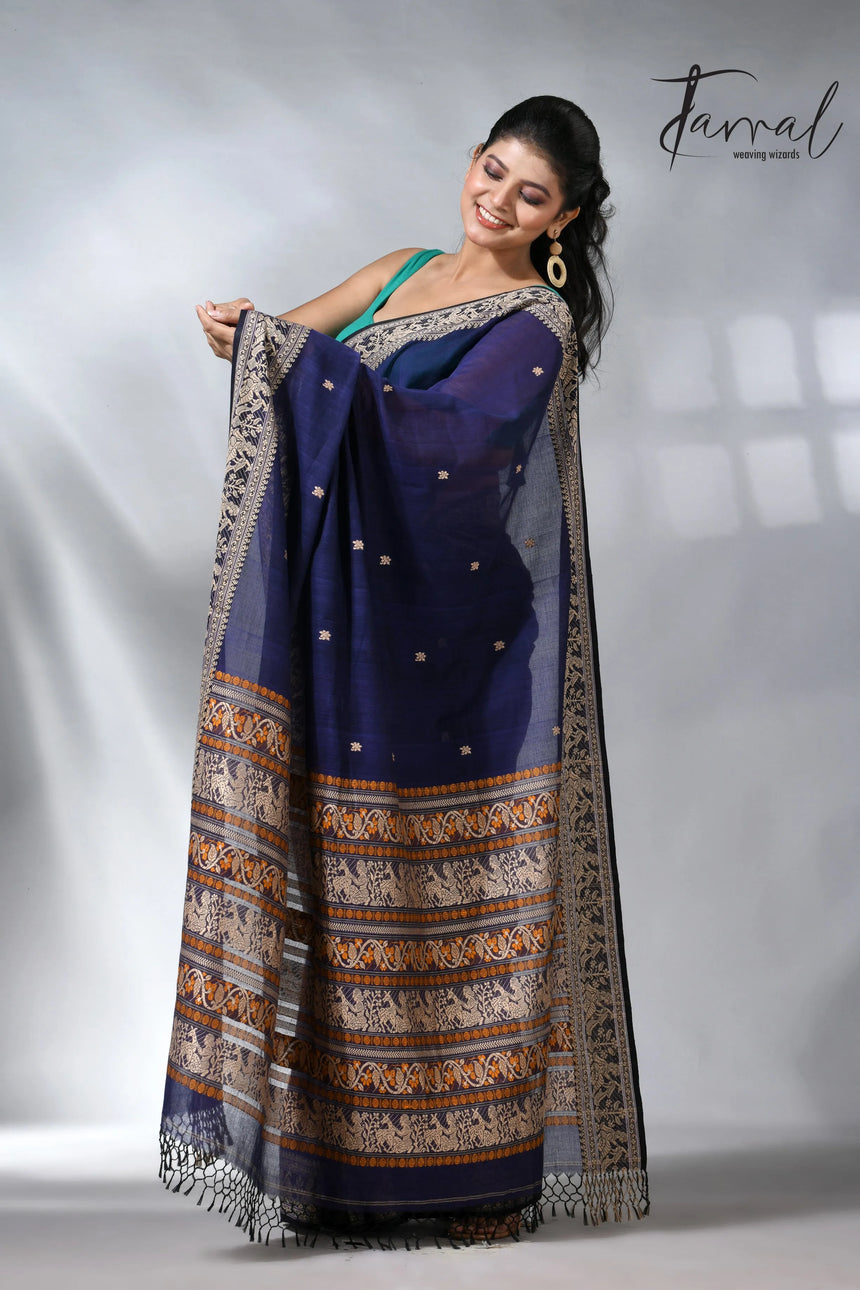 Indigo blue colour pure cotton baluchuri design handloom saree