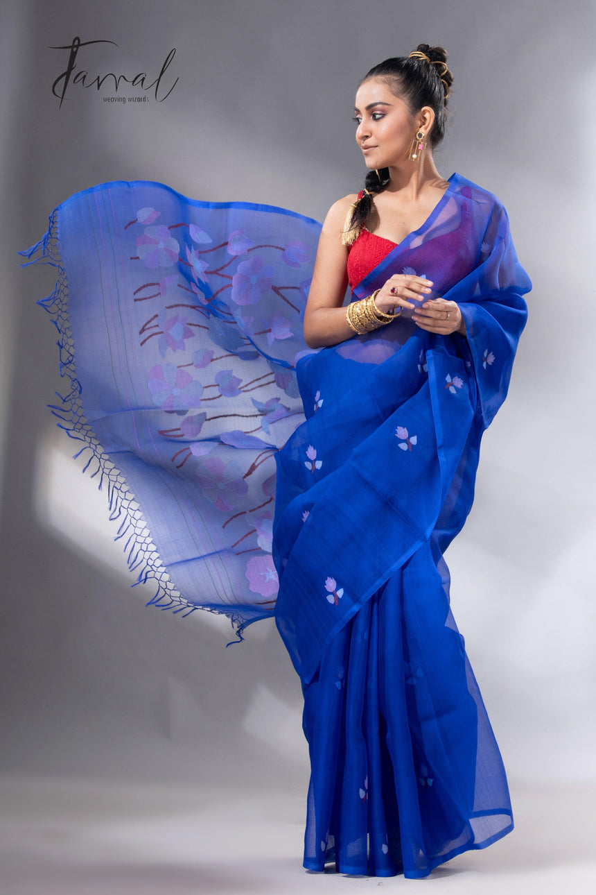 Indigo lotus pallu handwoven muslin silk jamdani saree