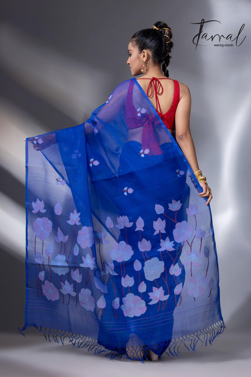 Indigo lotus pallu handwoven muslin silk jamdani saree back