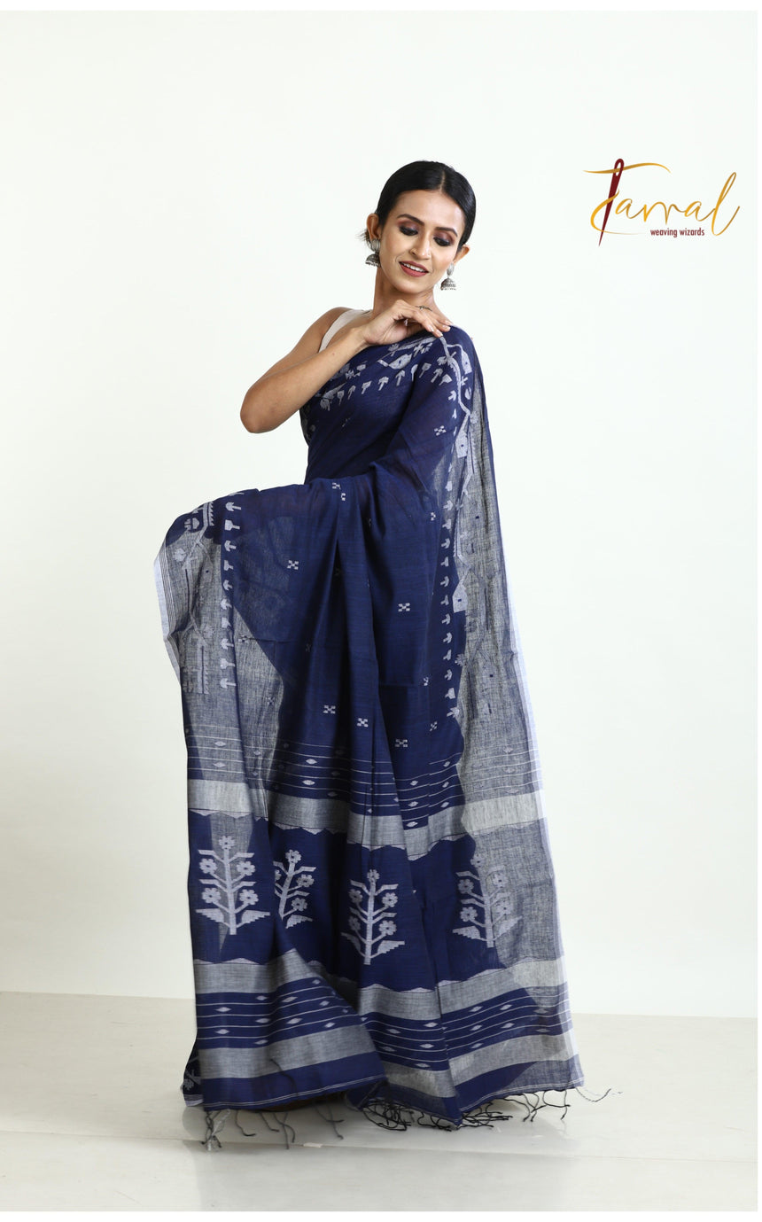 Indigo traditional design pure cotton handwoven jamdani sarees