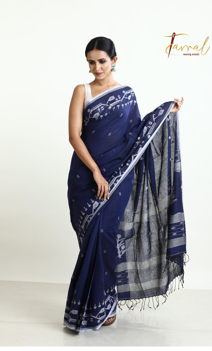 Indigo traditional design pure cotton handwoven jamdani sarees