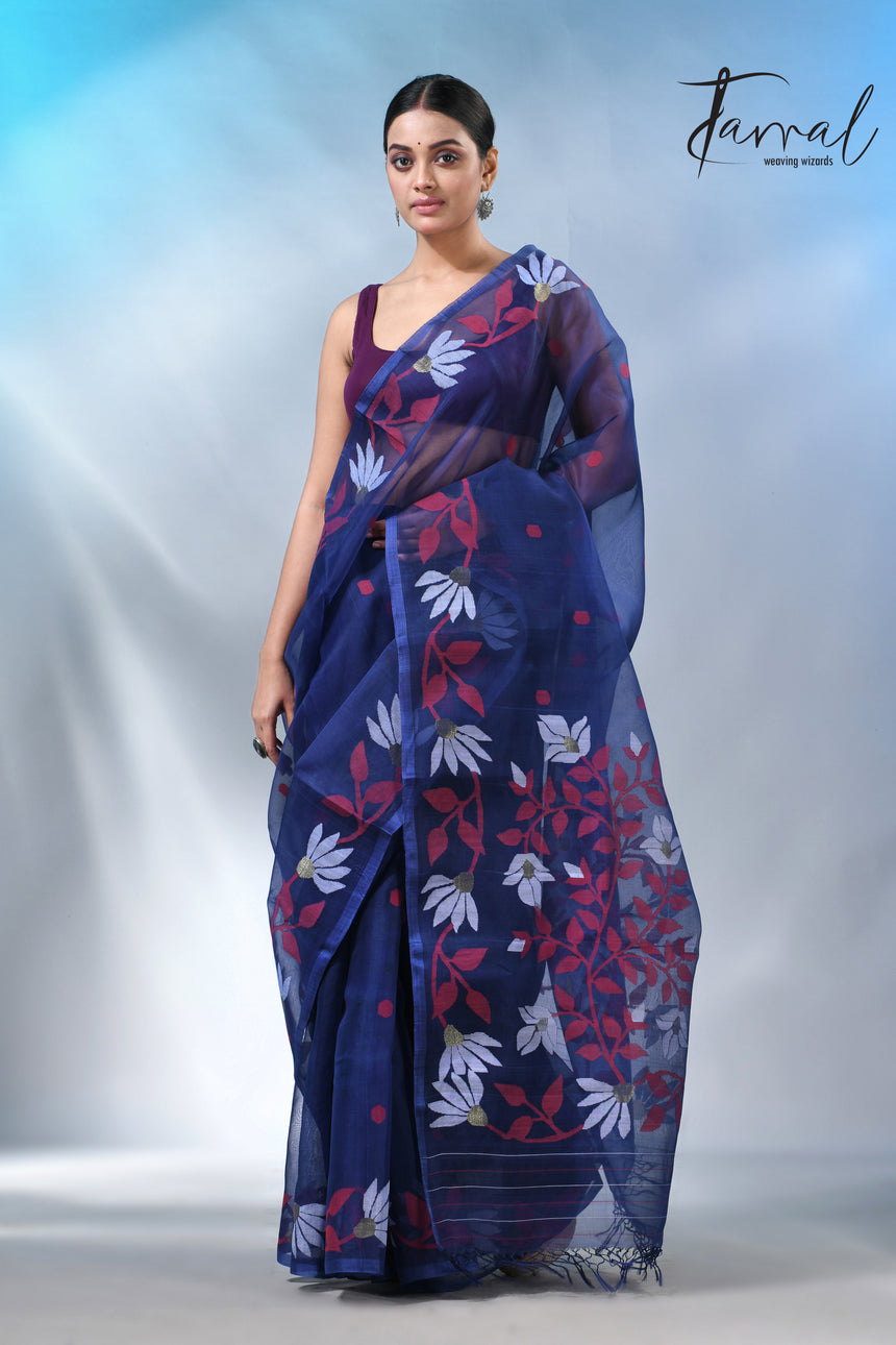 Indigo with floral design handwoven muslin silk jamdani saree