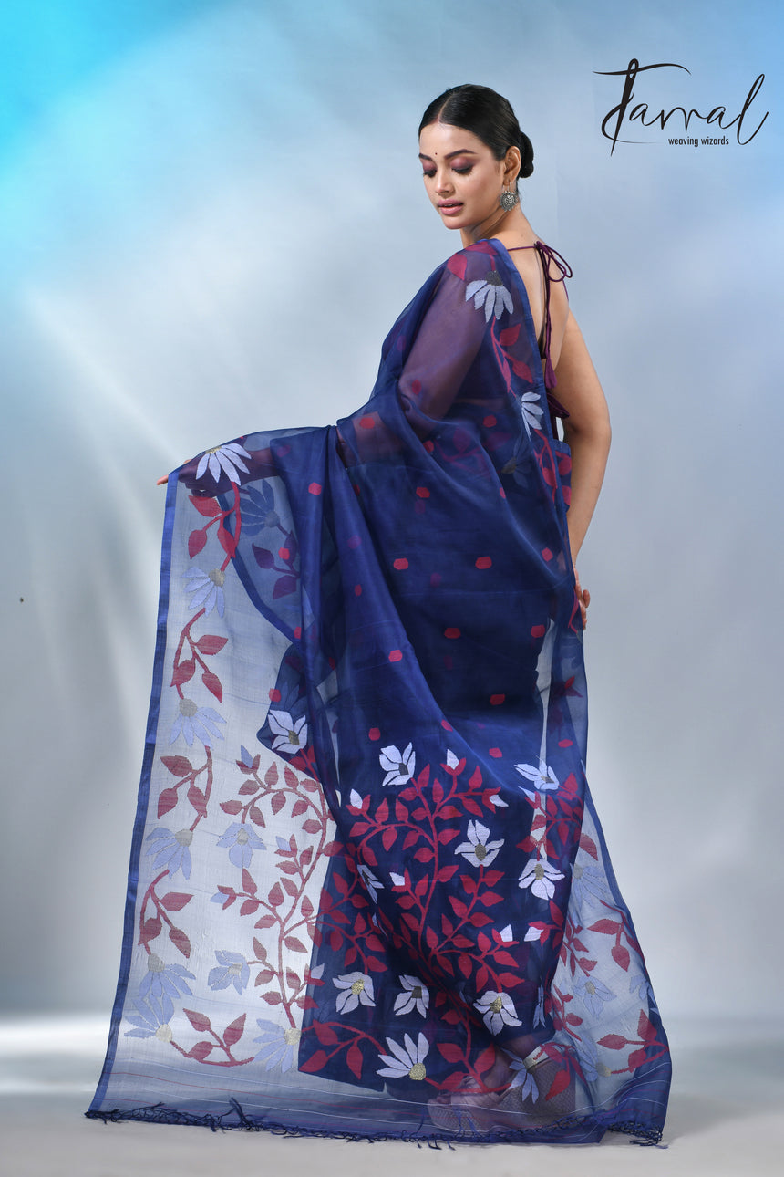 Indigo with floral design handwoven muslin silk jamdani saree
