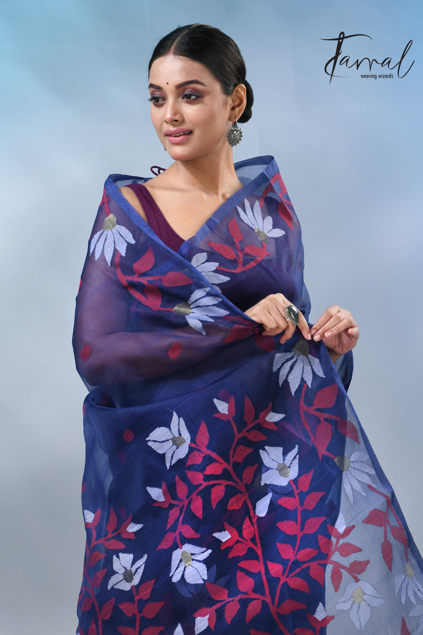 Indigo with floral design handwoven muslin silk jamdani saree