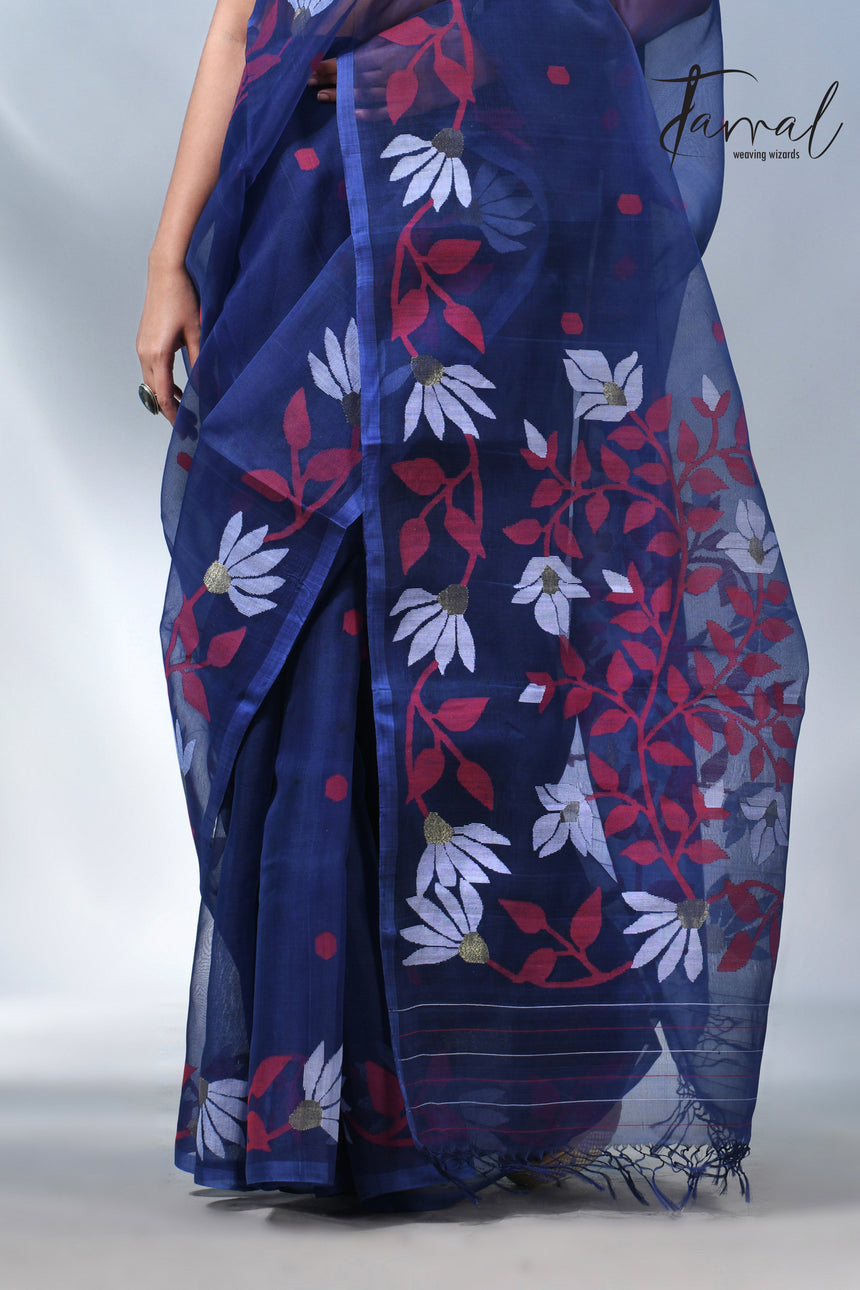 Indigo with floral design handwoven muslin silk jamdani saree