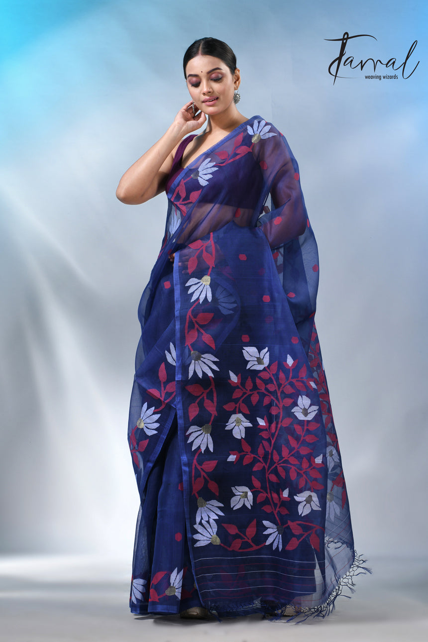 Indigo with floral design handwoven muslin silk jamdani saree