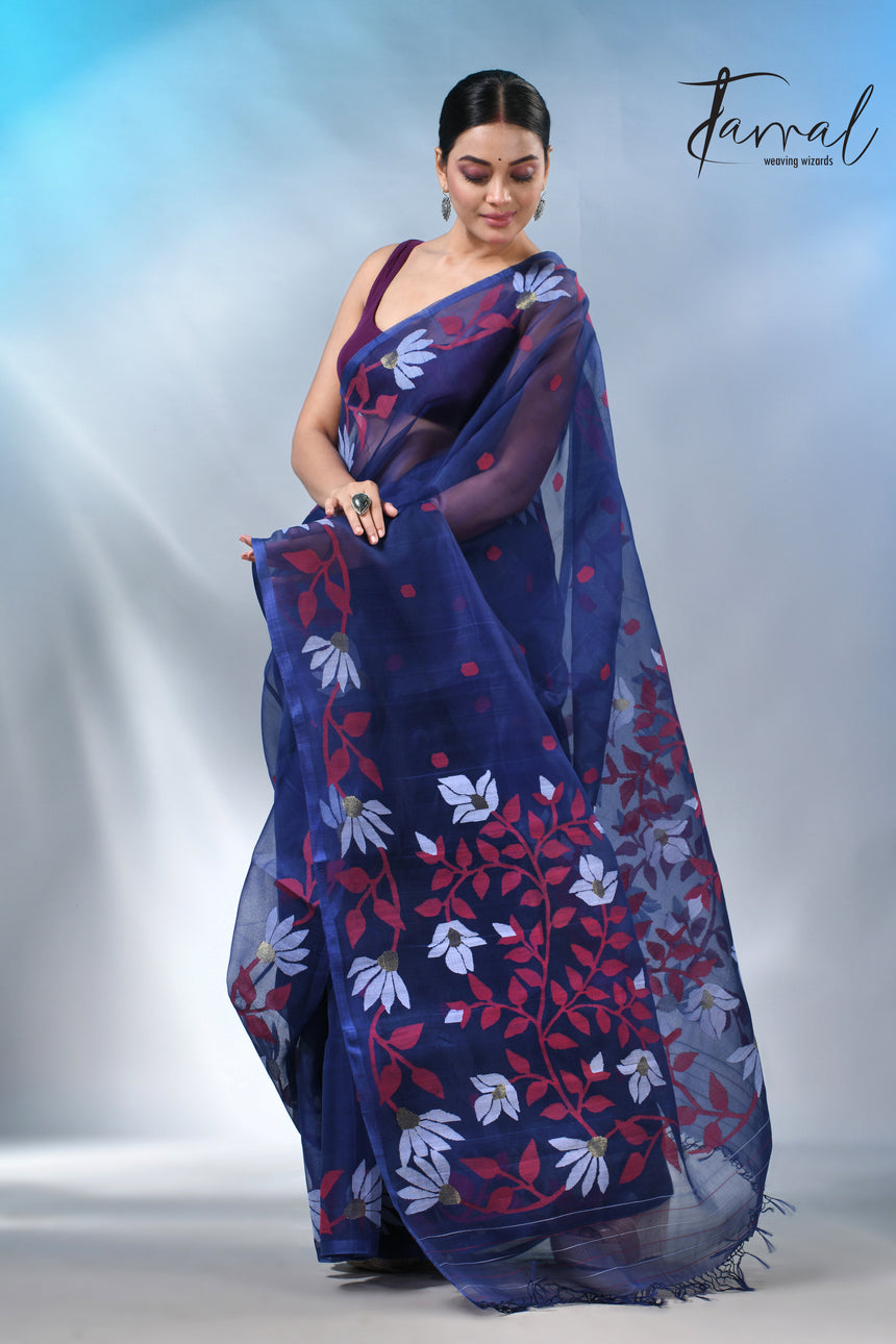 Indigo with floral design handwoven muslin silk jamdani saree