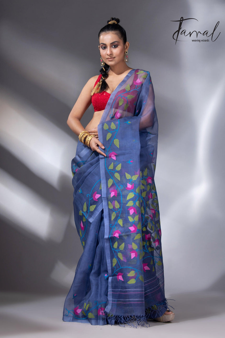 Indigo with multi colour muslin silk floral handwoven jamdani saree