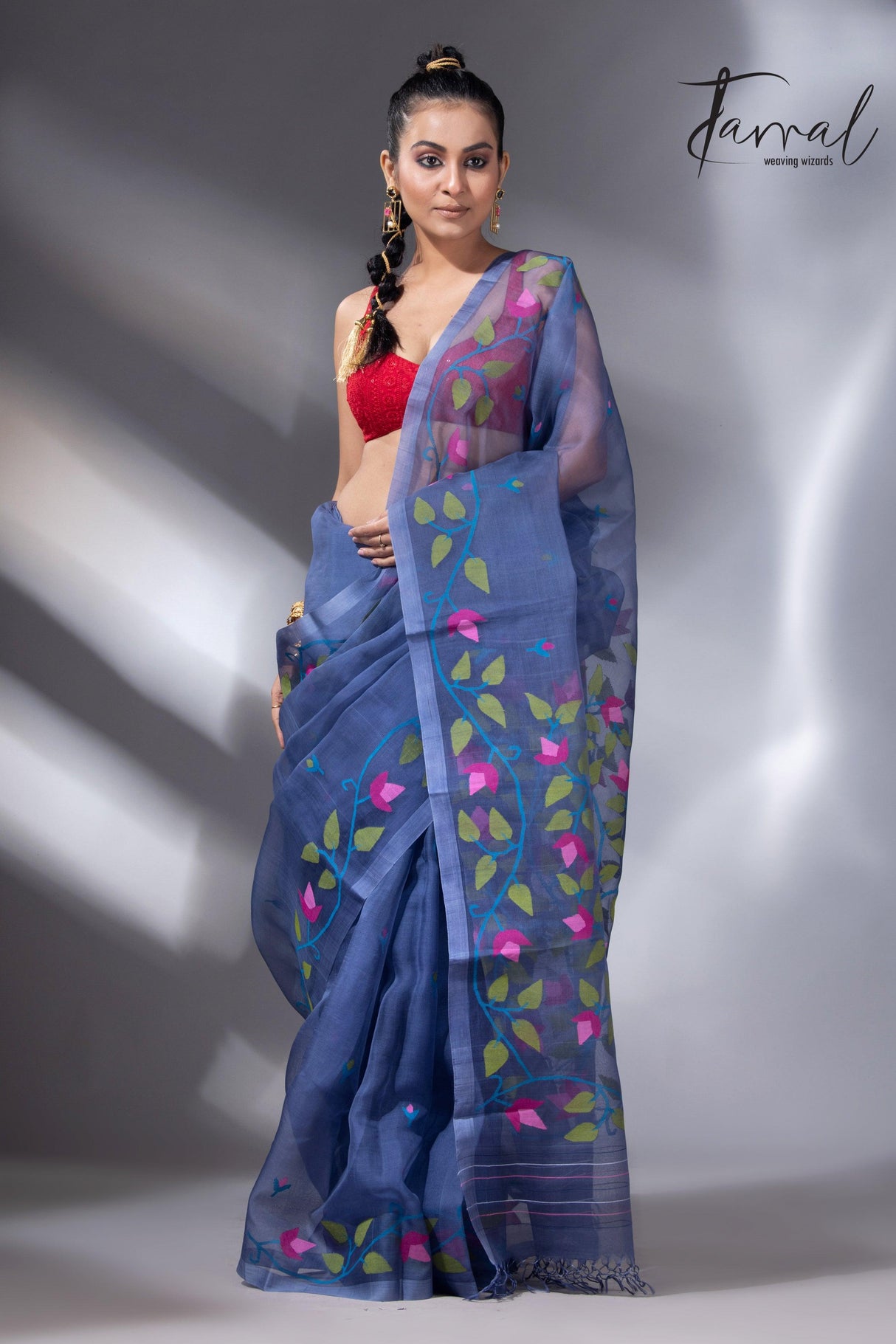 Indigo with multi colour muslin silk floral handwoven jamdani saree full2