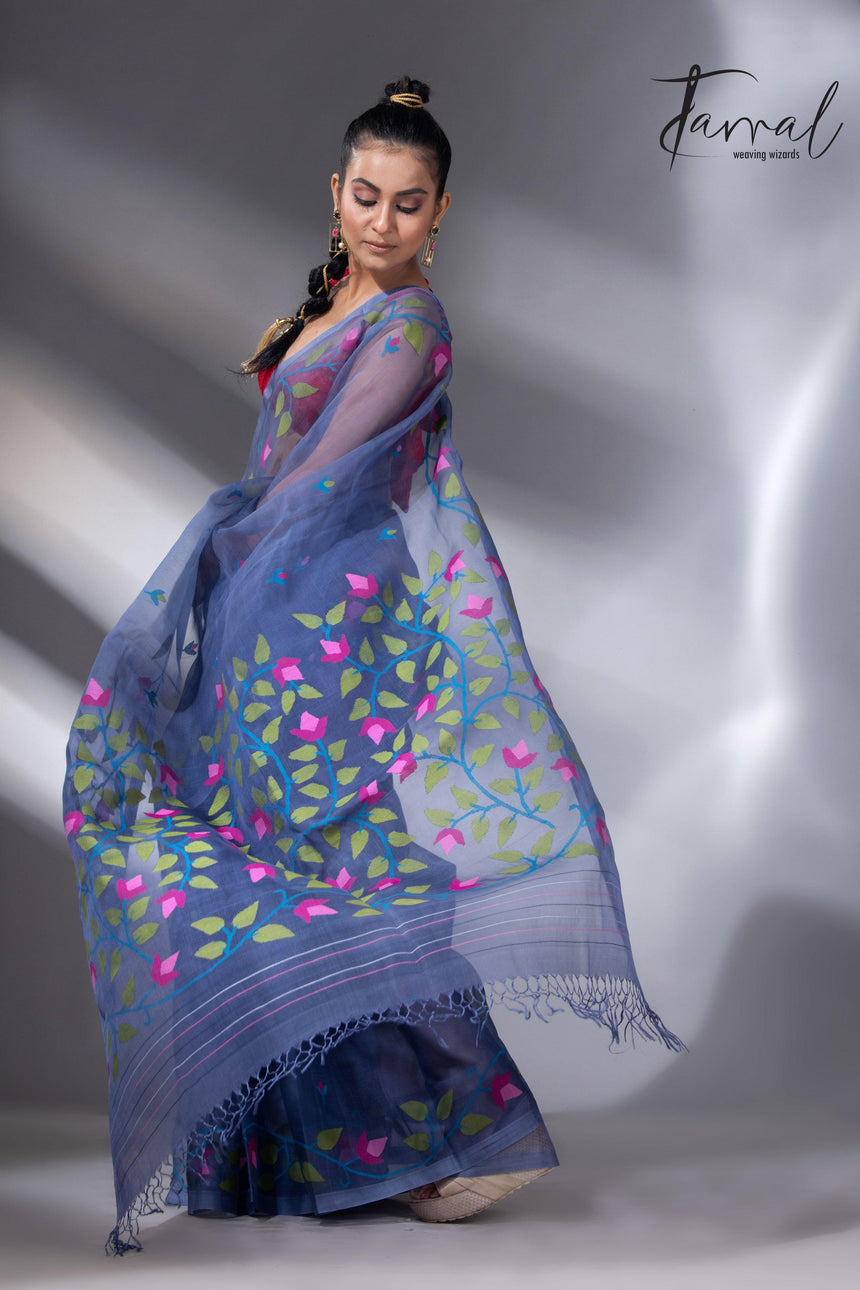 Indigo with multi colour muslin silk floral handwoven jamdani saree right