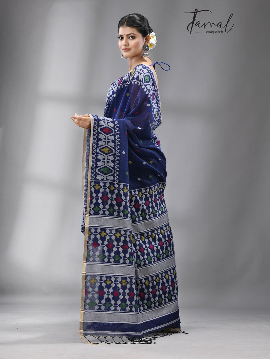 Indigo with multicolour fulia cotton handloom jamdani saree - Tamal Boutique