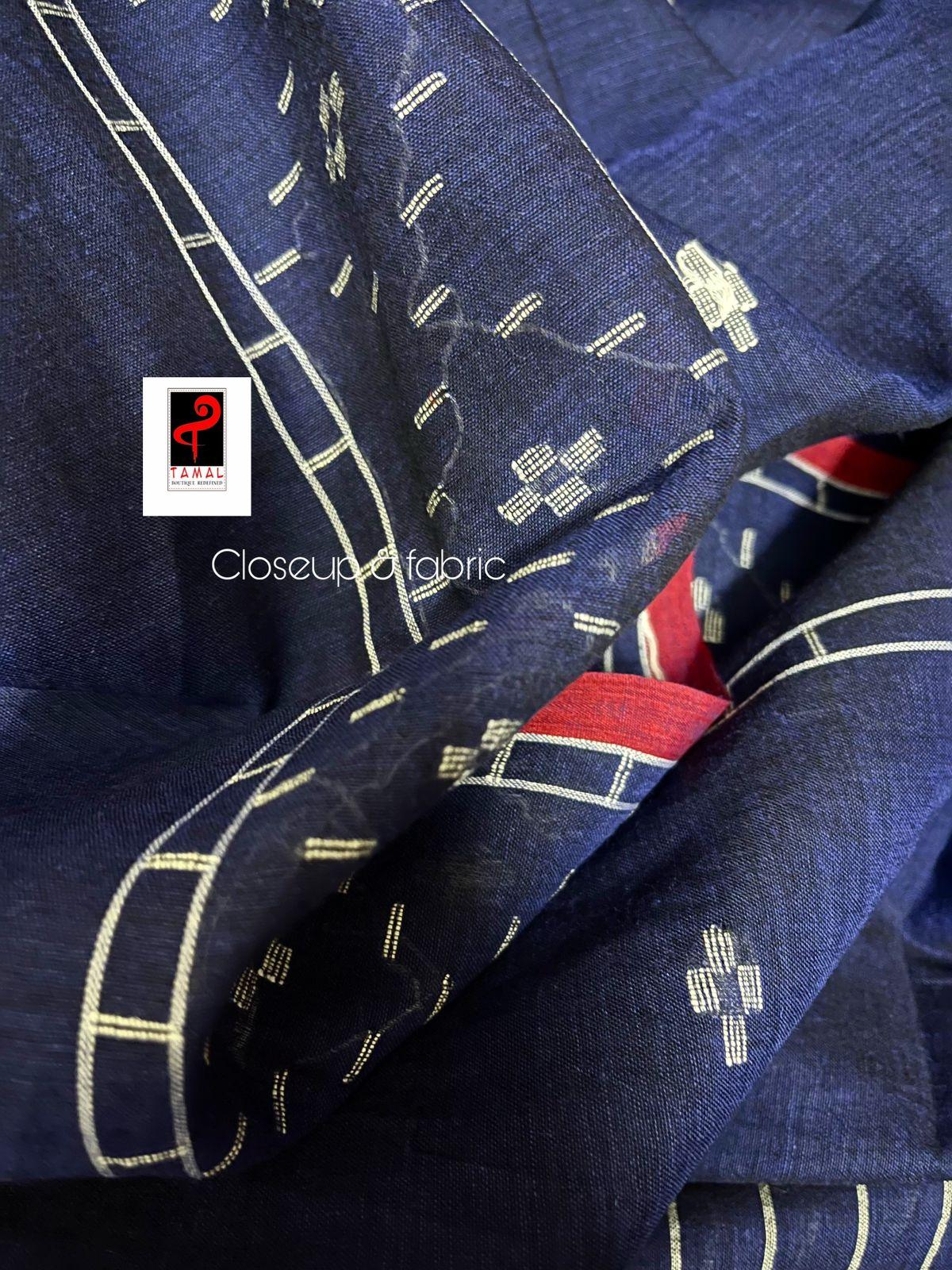 Indigo with red border pure cotton handwoven jamdani saree