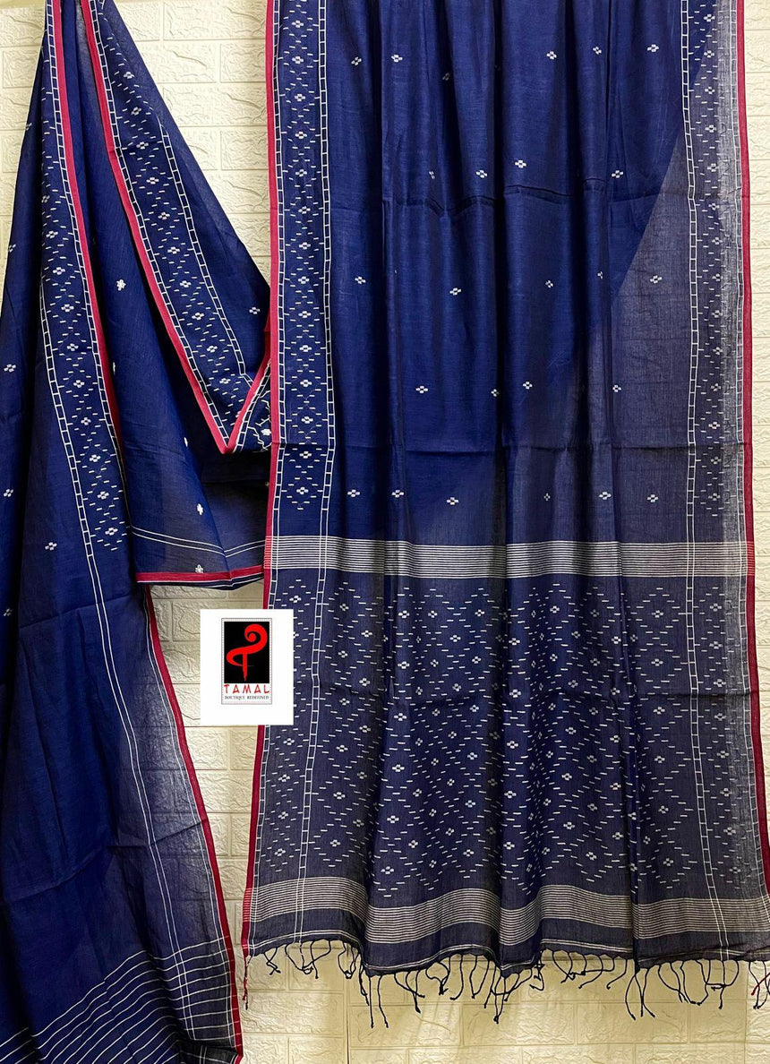 Indigo with red border pure cotton handwoven jamdani saree