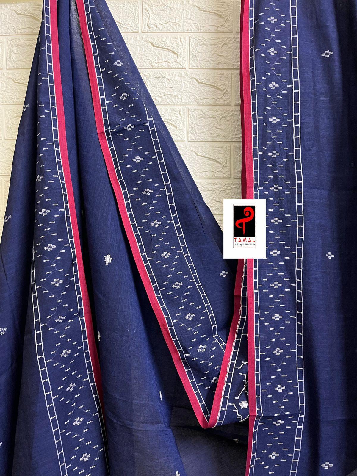 Indigo with red border pure cotton handwoven jamdani saree
