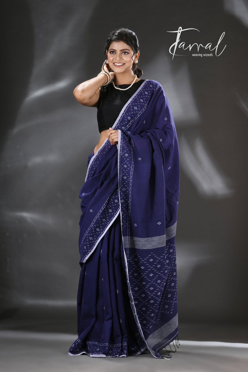 Indigo with white border pure cotton handwoven jamdani saree