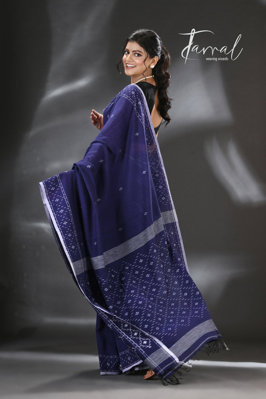 Indigo with white border pure cotton handwoven jamdani saree