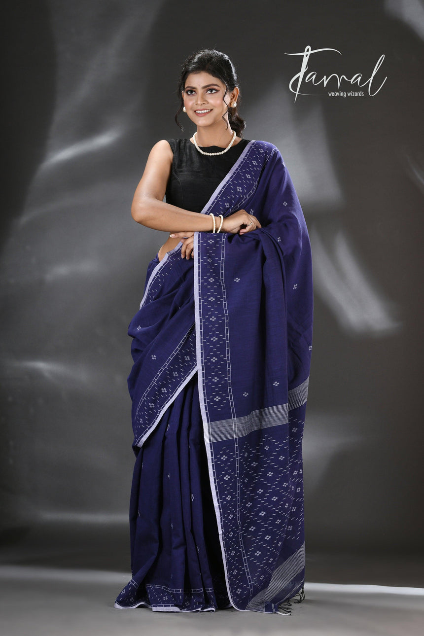 Indigo with white border pure cotton handwoven jamdani saree