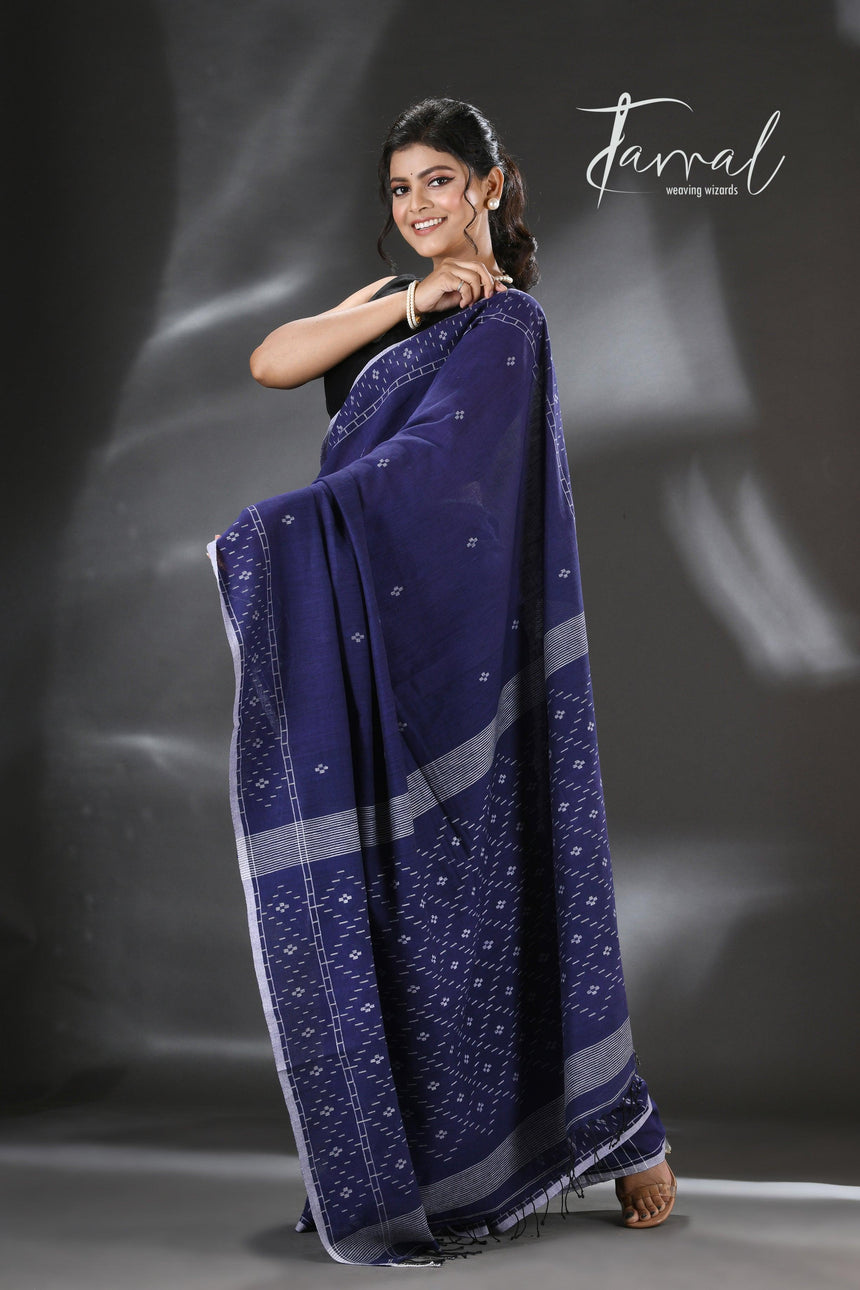 Indigo with white border pure cotton handwoven jamdani saree