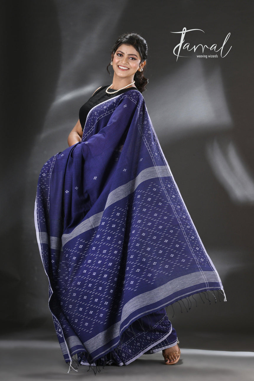 Indigo with white border pure cotton handwoven jamdani saree
