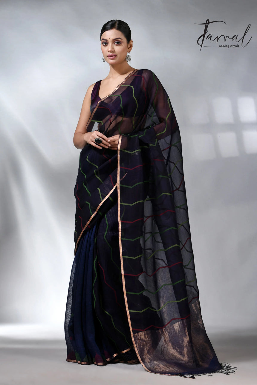 Indigo_with_zari_half_silk_linen_handwoven_jamdani_saree