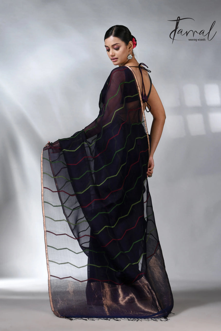 Indigo_with_zari_half_silk_linen_handwoven_jamdani_saree